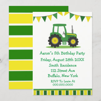 Trendy Green Yellow Tractor Boy Birthday Party Einladung