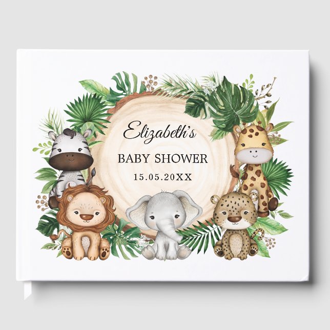 Trendy Greenery Jungle Safari Animals Baby Dusche Gästebuch (Vorderseite)