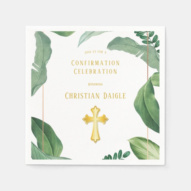 Trendy Greenery und Gold Cross Bestätigung Serviette (Vorderseite)