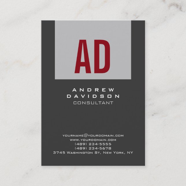 Trendy Grey Strip Red Monogram Business Card Visitenkarte (Vorderseite)