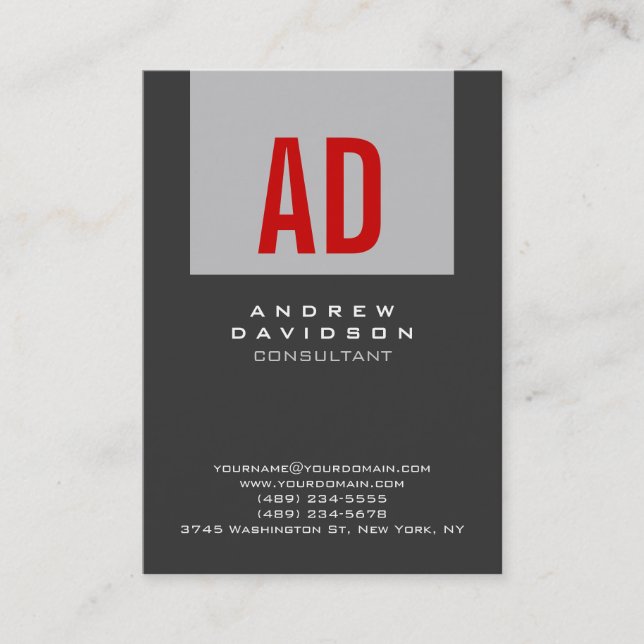 Trendy Grey Strip Red Monogram Business Card Visitenkarte (Vorderseite)