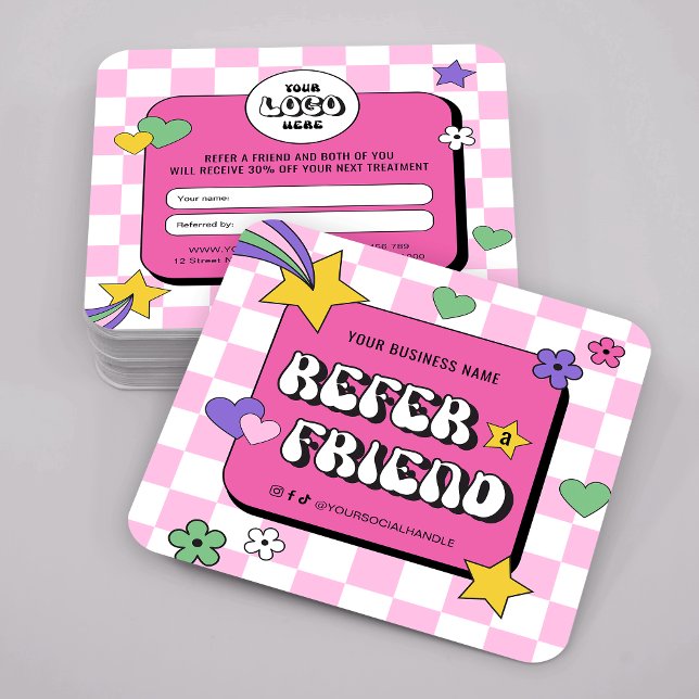Trendy Groovy Retro Hotel A Friend Business Empfehlungskarte (Trendy retro style Refer a Friend business cards featuring groovy fonts & girly pink design)