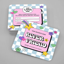 Trendy Groovy Retro Logo Blue Pink Refer A Friend