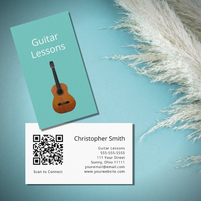 Trendy Guitar Lessons QR Code Music Teacher Aquama Visitenkarte (Von Creator hochgeladen)