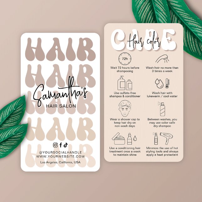 Trendy Haar Farbe Aftercare Retro Beige Salon Visitenkarte (Modern beige & white hair care cards for post hair color. Featuring retro fonts and care icons)