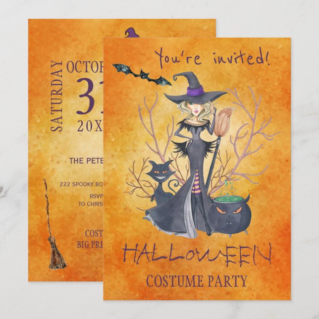 Trendy Halloween Aquarellwitscher-Party Einladung (Vorne/Hinten)