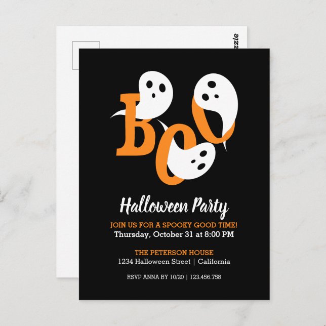 Trendy Halloween-Party Boo Ghosts Black Einladung Postkarte (Vorne/Hinten)
