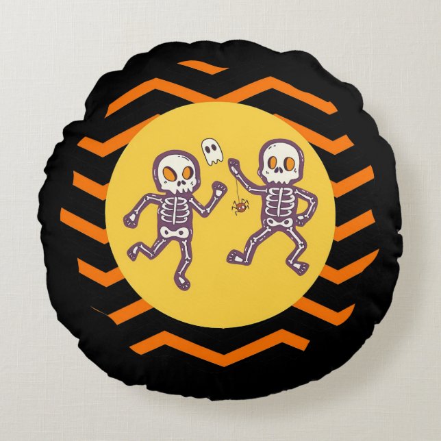 Trendy Halloween Spooky Dancing Skeletts Rundes Kissen (Vorderseite)