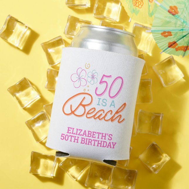 Trendy Hand Drawn 50. Beach Birthday Party Gefalle Dosenkühler (In Situ Sommer)