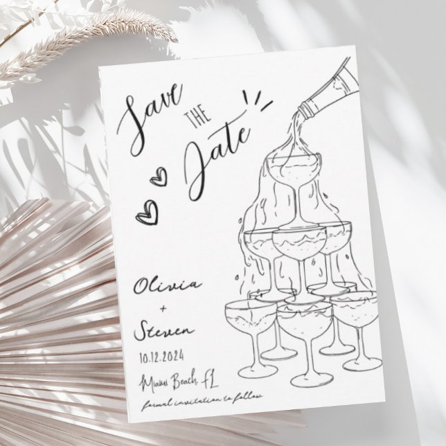 Trendy Hand Drawn Champagner Tower Save the Date Einladung (Von Creator hochgeladen)