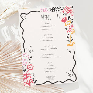 Trendy Hand Drawn Wildfower Wavy Squiggle Wedding Menükarte