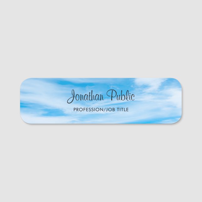 Trendy Handwriting Script Name Blue Sky Clouds Namensschild (Vorderseite)