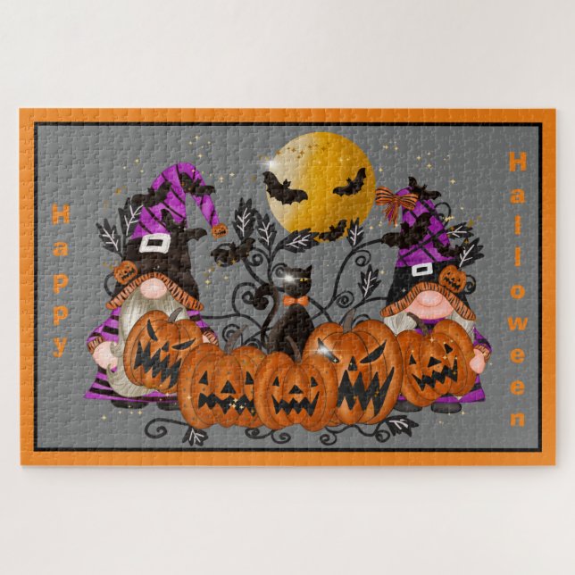 Trendy Happy Halloween Gray Gnome Puzzle (Horizontal)