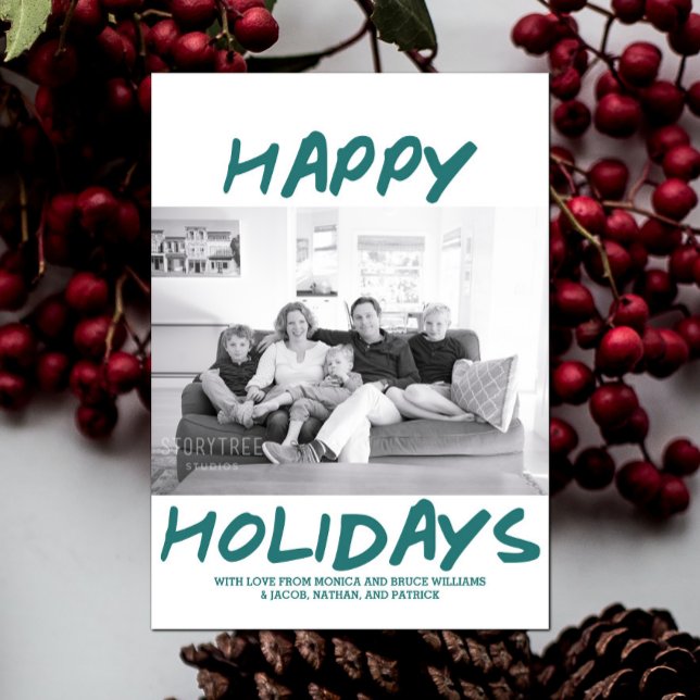 Trendy Happy Holidays Fotokarte | AQUAMARIN Feiertagskarte (Teal Trendy Happy Holidays Photo Card)