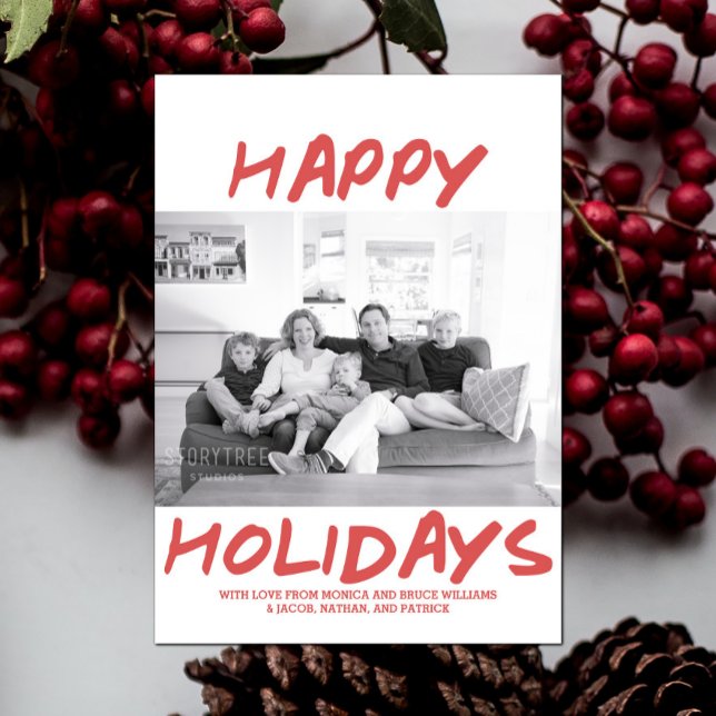 Trendy Happy Holidays Fotokarte | Rot Feiertagskarte (Red Trendy Happy Holidays Photo Card)