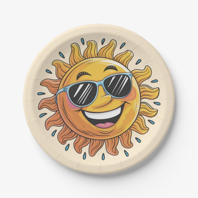 Trendy Happy Yellow Sun with Sunglasses   Pappteller (Vorderseite)