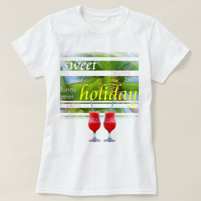 Trendy Holiday Palms Sky Weißes elegantes Template T-Shirt (Design vorne)