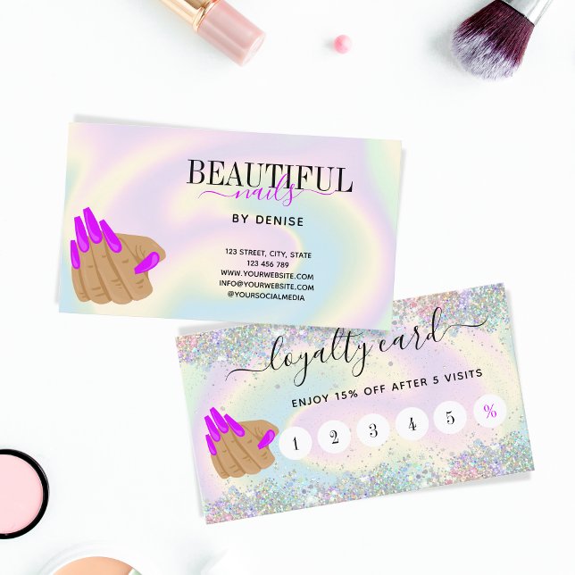 Trendy Holograph Nagelsalon mit langen Nägeln Hand Visitenkarte (Von Creator hochgeladen)