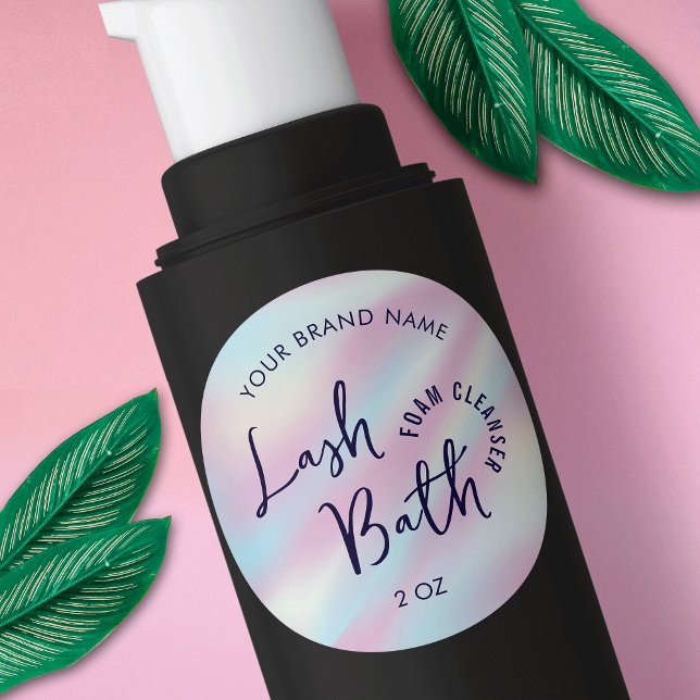 Trendy Holographic Girly Lash Bath Cleanser Label Runder Aufkleber (Trendy girly holographic effect lash bath bottle round label)