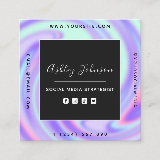 Trendy Holographic Gradient Social Media QR Code Quadratische Visitenkarte (Vorderseite)