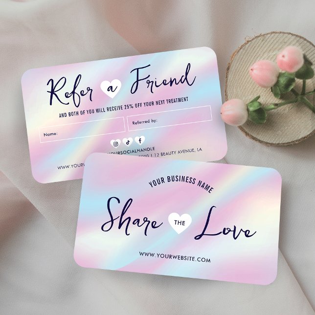 Trendy Holographic Share the Liebe Nails Wellness- Empfehlungskarte (Trendy Share the Love referral cards with holographic effect and trendy script fonts)