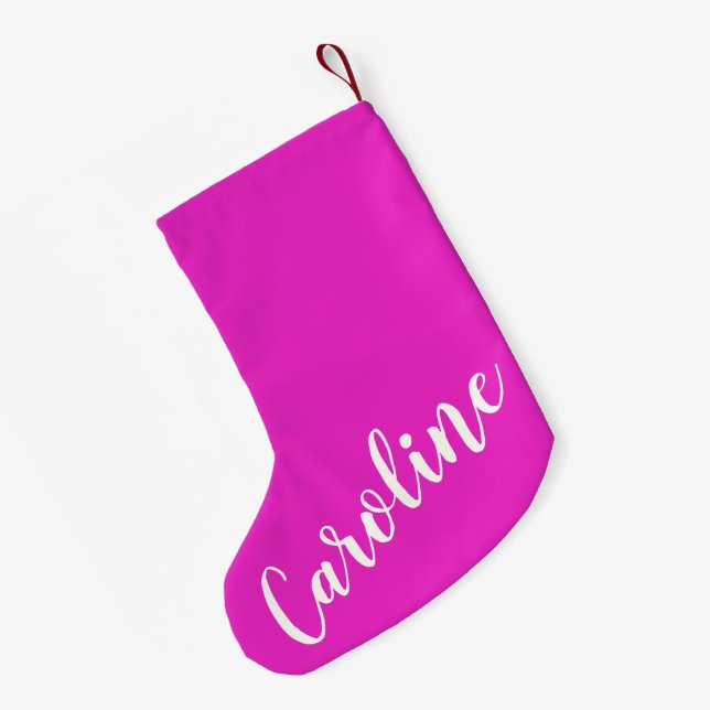Trendy Hot Pink Calligraphy Personalisiert Name Kleiner Weihnachtsstrumpf (Rückseite (Hängend))