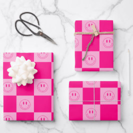Trendy Hot Pink Checkered & Groovy Happy Lächeln Geschenkpapier Set