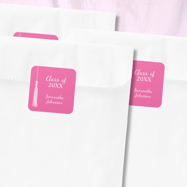 Trendy Hot Pink Chic Grad Tassel Abschluss Quadratischer Aufkleber (Trendy Hot Pink Chic Grad Tassel Graduation Square Sticker grad party favor)