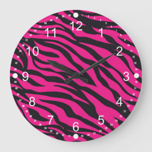 Trendy Hot Pink Fuchsia Black Zebra Stripes Print Große Wanduhr