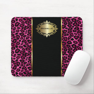 Trendy Hot Pink Leopard Tier mit Gold Akzenten Mousepad