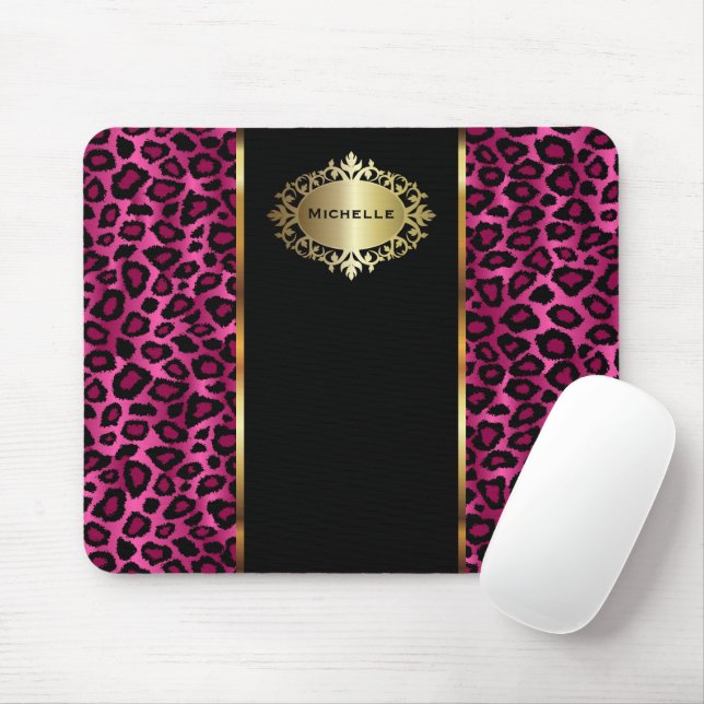 Trendy Hot Pink Leopard Tier mit Gold Akzenten Mousepad (Mit Mouse)