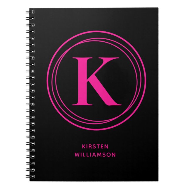Trendy Hot Pink Monogram Name Black Notebook Notizblock (Vorderseite)