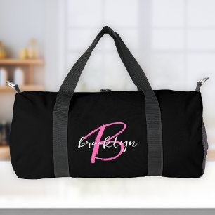 Trendy Hot Pink Schwarz-weiß Script Monogram Duffle Bag