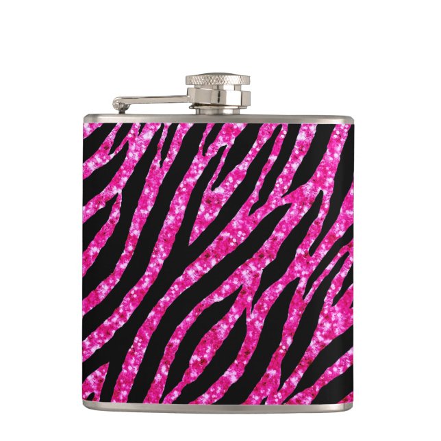 Trendy Hot Pink Zebra Print Glitz Glitzer Glitzern Flachmann (Vorderseite)