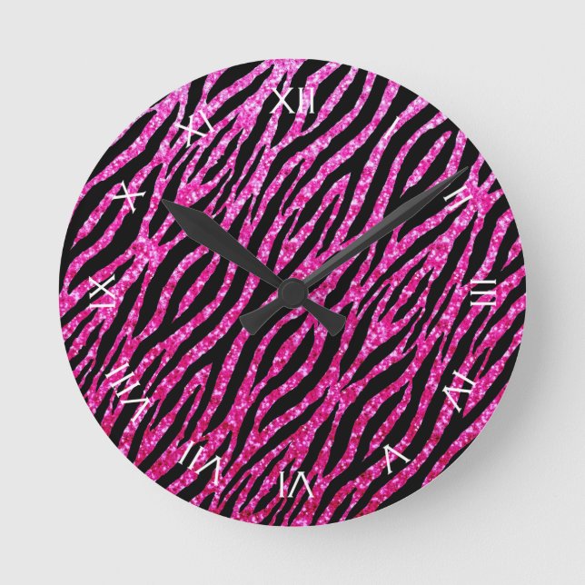 Trendy Hot Pink Zebra Print Glitz Glitzer Glitzern Runde Wanduhr (Vorderseite)