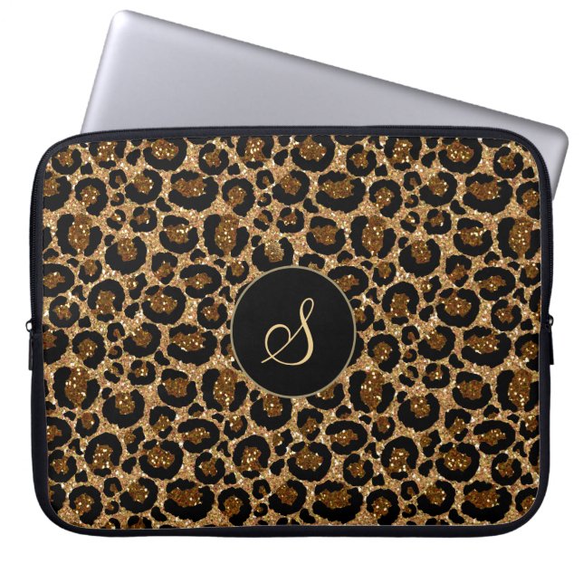 Trendy Imitats Glitzer Leopard mit Monogramm Laptopschutzhülle (Vorderseite)