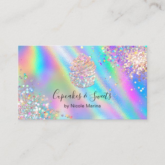Trendy Imitats Holographic Rainbow Glitzer Cupcake Visitenkarte (Vorderseite)