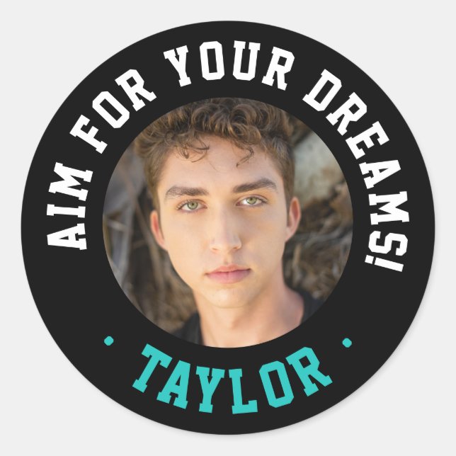 Trendy inspirierender Schwarz-weißer Name und Foto Runder Aufkleber (Vorderseite)