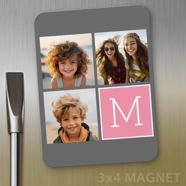 Trendy Instagram Foto Collage Custom Monogram Magnet (Personalized refrigerator magnet with photo collage and custom text - add 4 photos to this design)