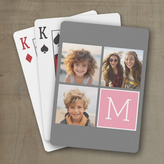 Trendy Instagram Foto Collage Custom Monogram Spielkarten (Personalized playing cards with a fun area to add photos and text such as a name or monogram)