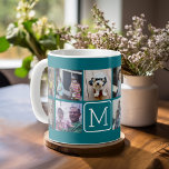 Trendy Instagram Foto Collage Custom Monogram Tasse<br><div class="desc">Aquamarin Blau und Weiß - Verwenden Sie 11 quadratische Foto,  um ein einzigartiges und persönliches Geschenk zu kreieren. Oder man behalte den Hipster Welpe und macht einen trendigen Sake. Wenn Sie die Bilder anpassen müssen,  klicken Sie auf das Werkzeug anpassen,  um Änderungen vorzunehmen.</div>