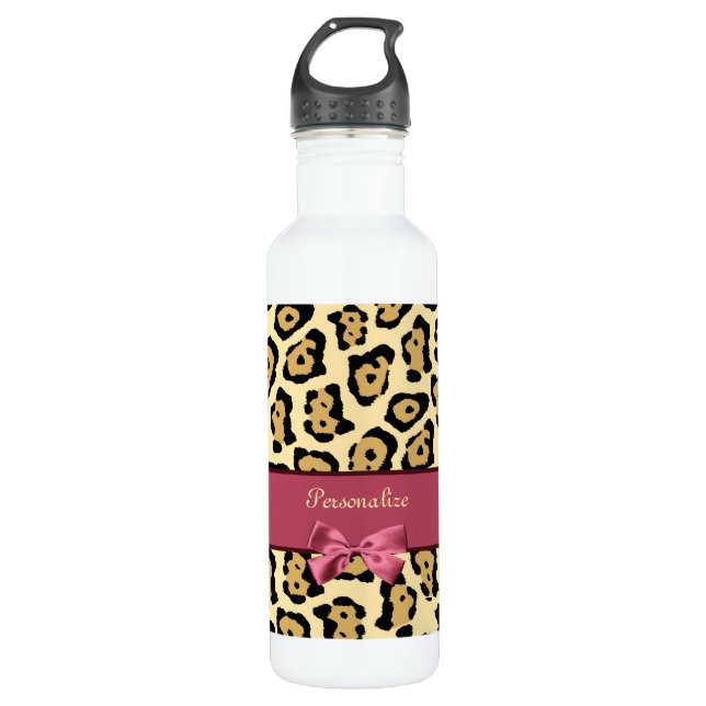Trendy Jaguar Print mit rosa Ribbon Bow und Name Trinkflasche (Vorderseite)
