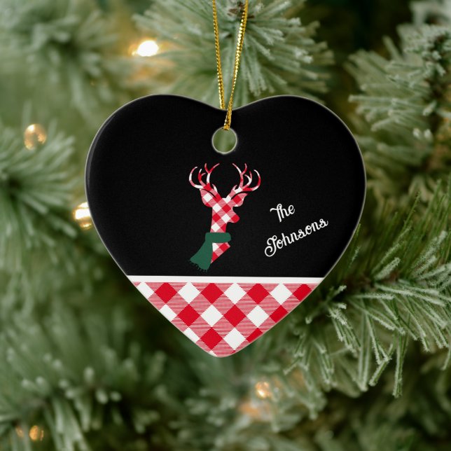 Trendy Kariert Christmas Deer Personalisiert Keramik Ornament (Baum)