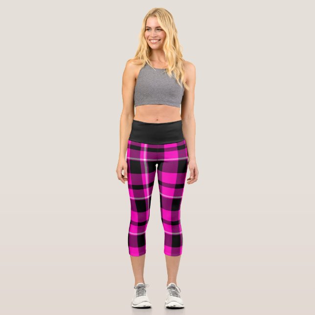 Trendy Kariert Pink Black Tartan Capris Leggins Yo (Vorderseite)