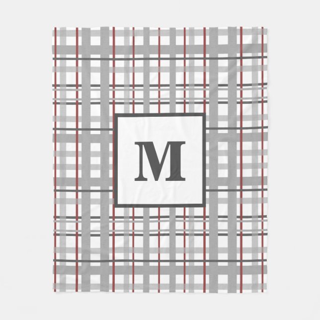 Trendy Kariert Red Silver Gray Monogram Fleecedecke (Vorderseite)