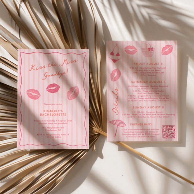 Trendy Kiss The Miss Goodbye Bachelorette Weekend Einladung (Modern Trendy Kiss the Miss Goodbye Pink Bachelorette Weekend Itinerary Invitations)