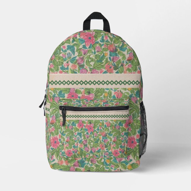 Trendy Kraftpapier Hintergrund Spitze Blumengrün Bedruckter Rucksack (Vorderseite)