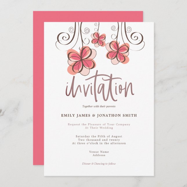 Trendy Künstlerisch Pink Watercolor Blumenschrift  Einladung (Vorne/Hinten)