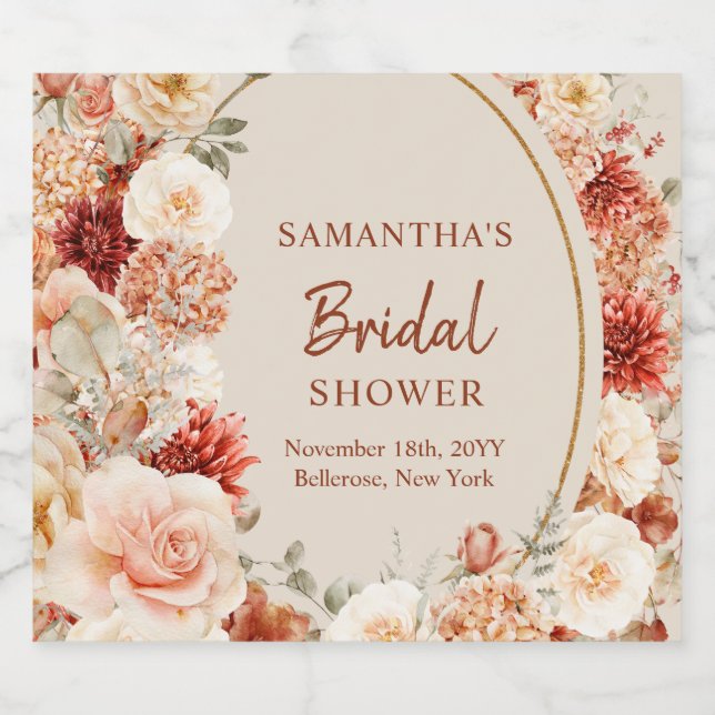 Trendy Kupferhydrangea und Rose Herbst Alkoholflaschenetikett (Einzelnes Label)