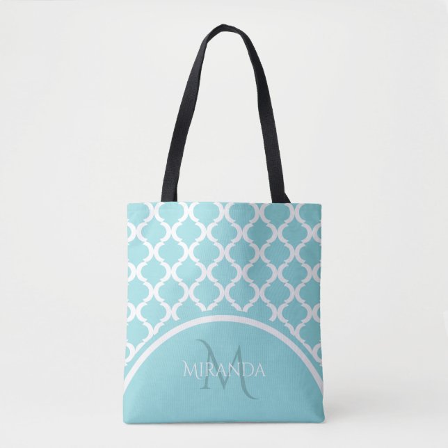 Trendy Large Aqua Quatrefolie Monongram und Name (Vorderseite)